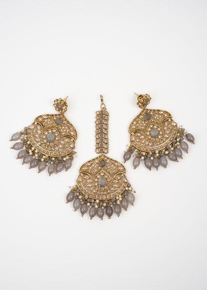 Antique Gold Jhumka Set with Grey Accents