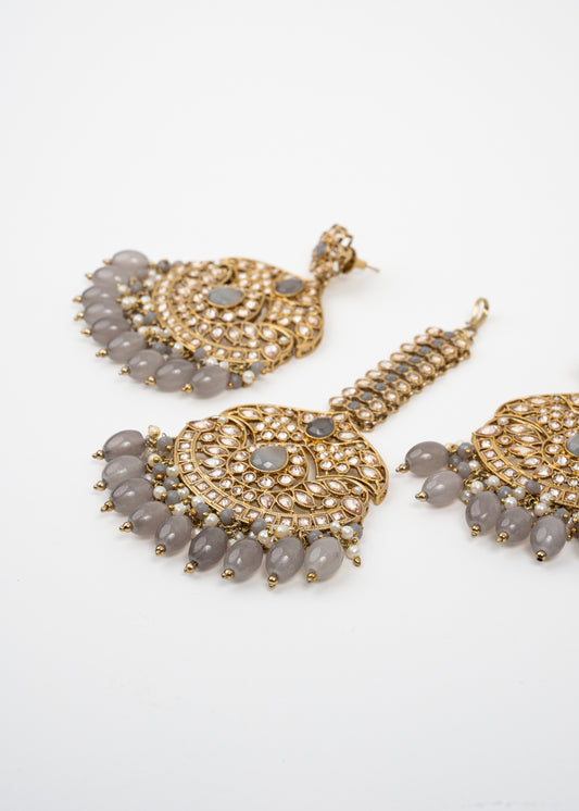 Antique Gold Jhumka Set with Grey Accents