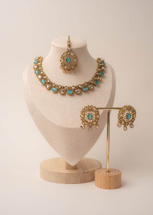Aqua Glow Kundan Necklace Set