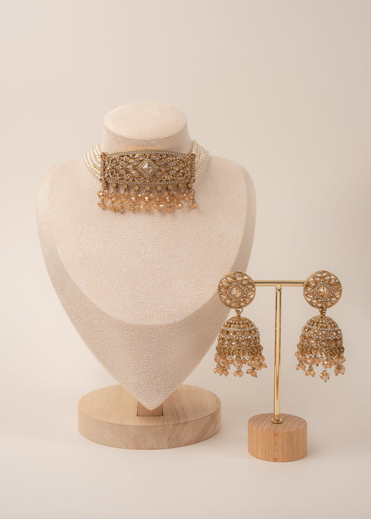 Champagne Pearl Droplet Choker Set