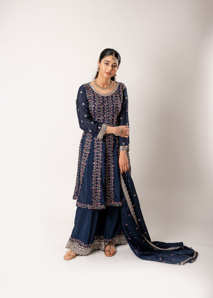 Navy Blue Embroidered Gharara Suit