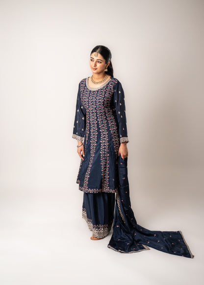 Navy Blue Embroidered Gharara Suit