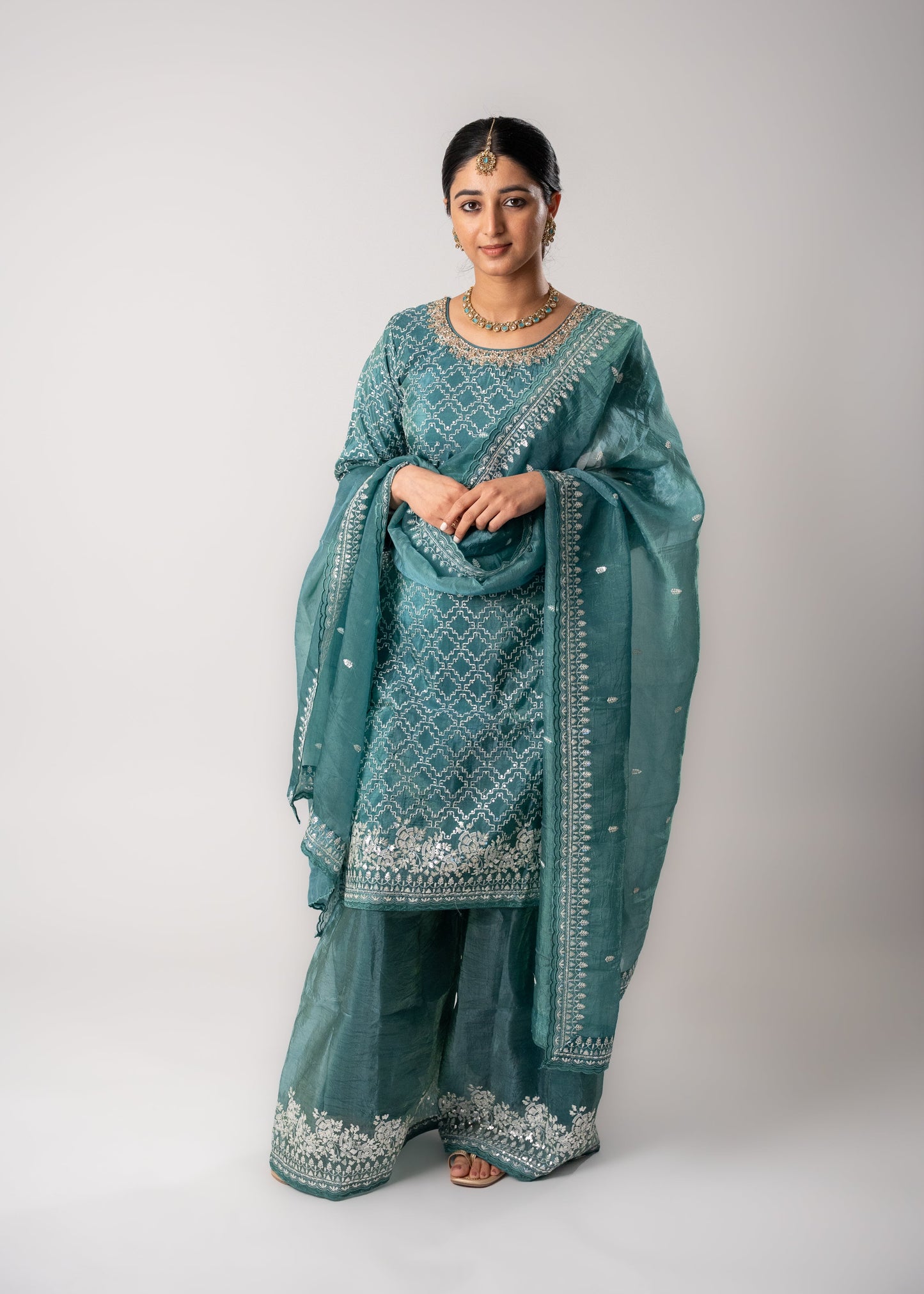 Soft Teal Real Gold Silk Suit