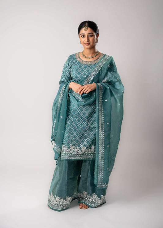 Soft Teal Real Gold Silk Suit