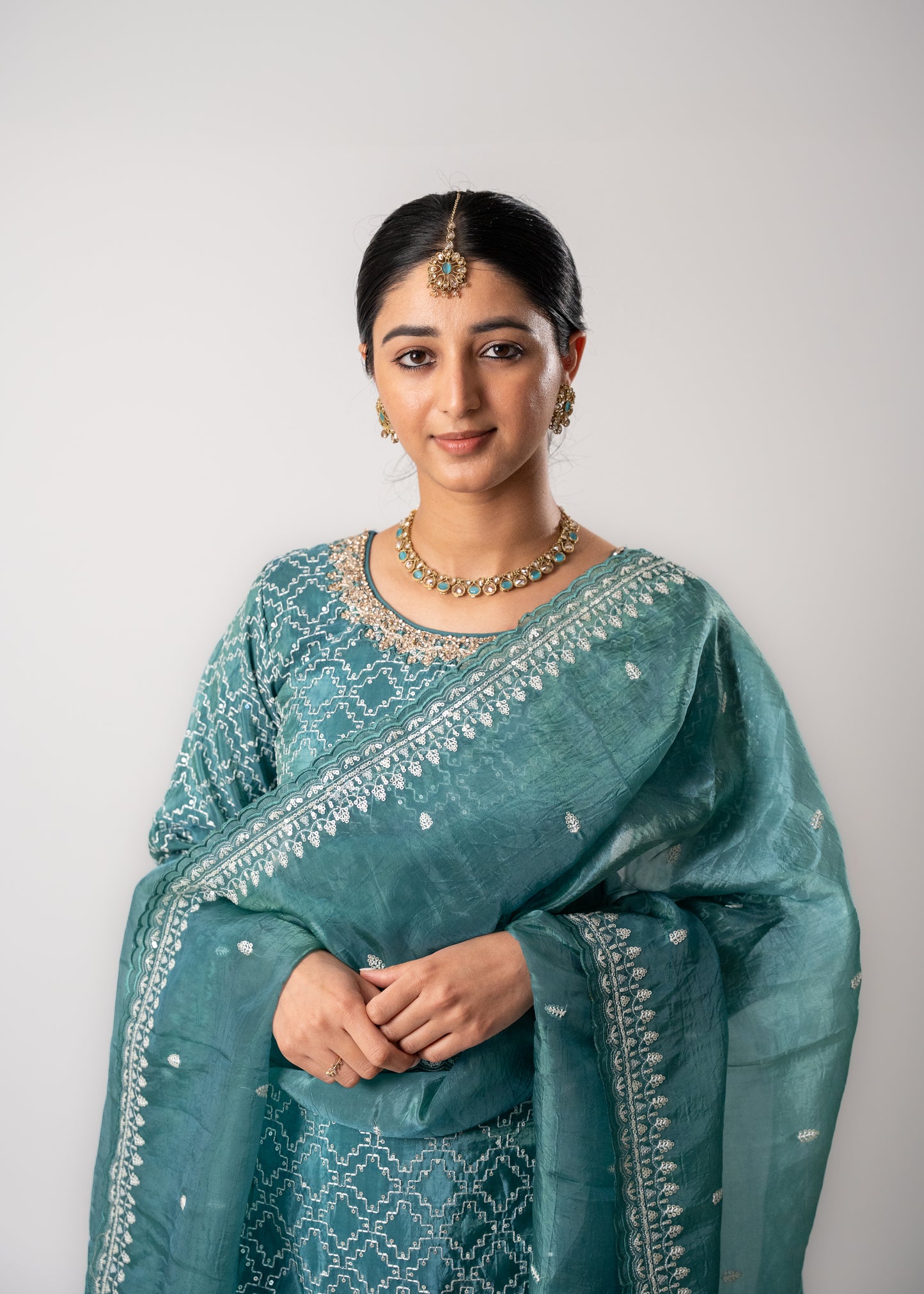 Soft Teal Real Gold Silk Suit