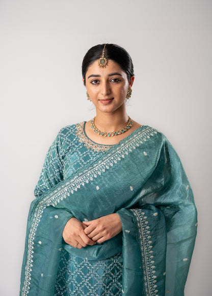 Soft Teal Real Gold Silk Suit