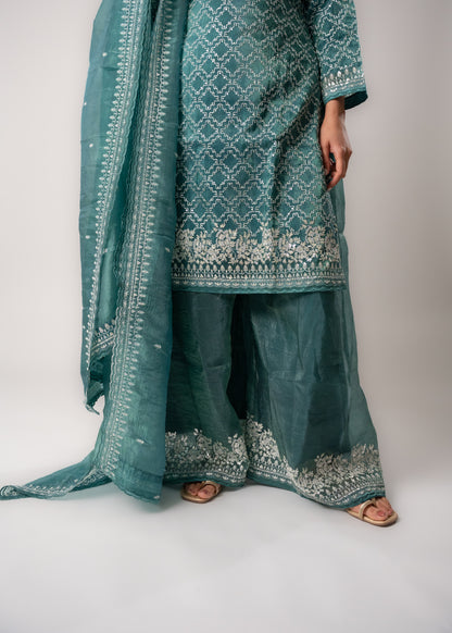 Soft Teal Real Gold Silk Suit