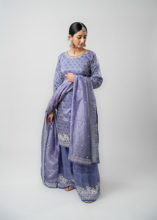 lavender Blue Real Gold Silk Suit