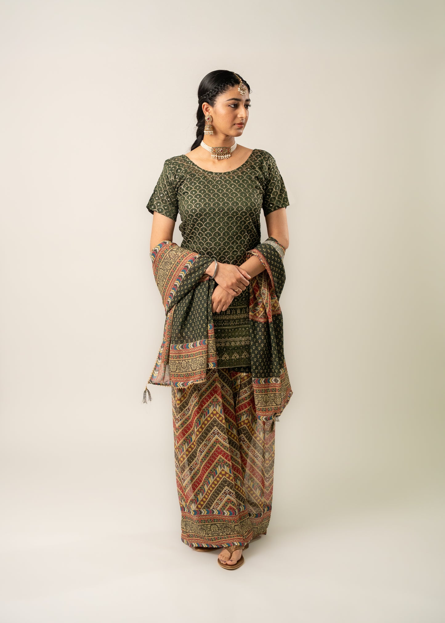 Olive Green Sequence Embroidery Designer Gharara Suit