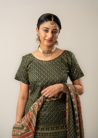 Olive Green Sequence Embroidery Designer Gharara Suit