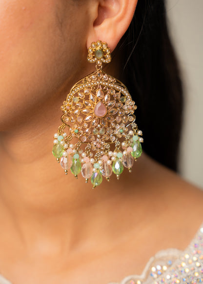 Green Bloom Jhumka Set with Antique Gold