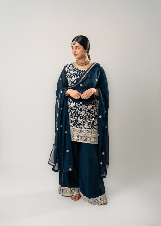 Midnight Blue Embroidered Sharara Suit
