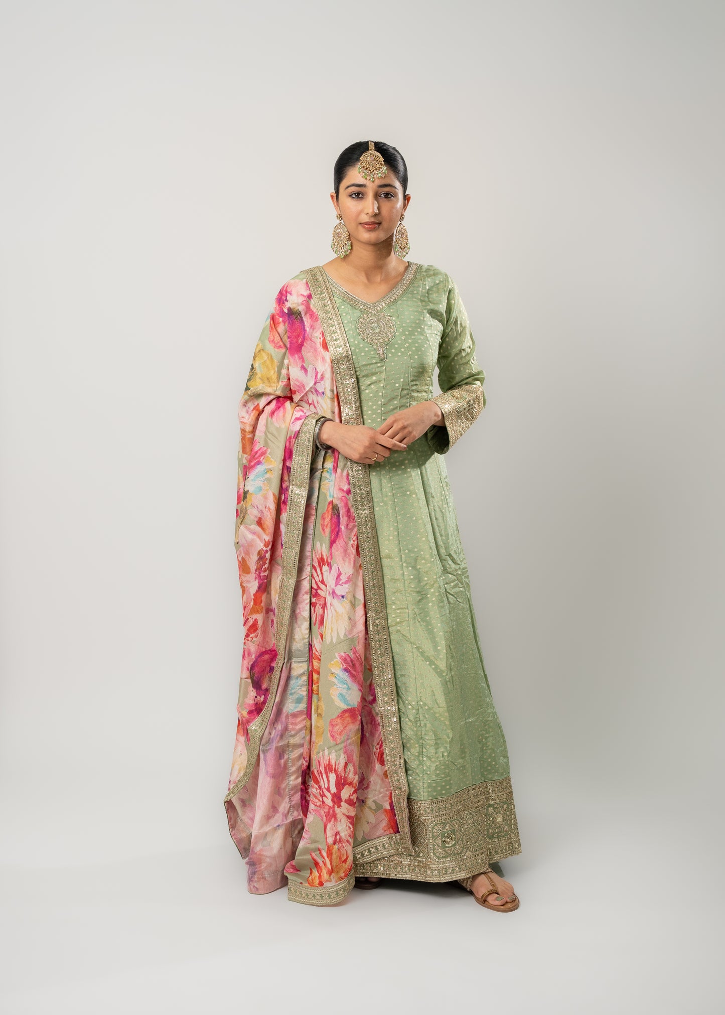 Pastel Green Floral Dupatta Anarkali Suit