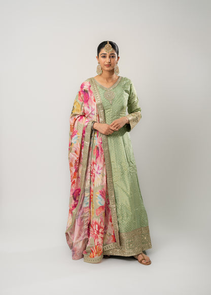 Pastel Green Floral Dupatta Anarkali Suit