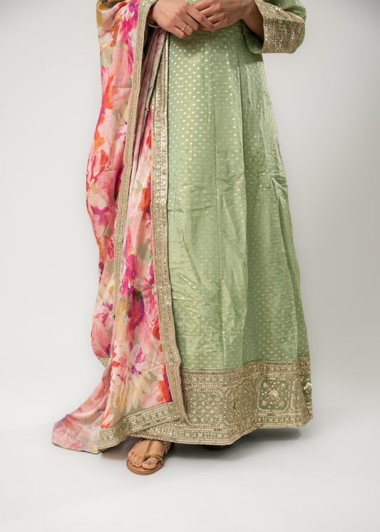 Pastel Green Floral Dupatta Anarkali Suit