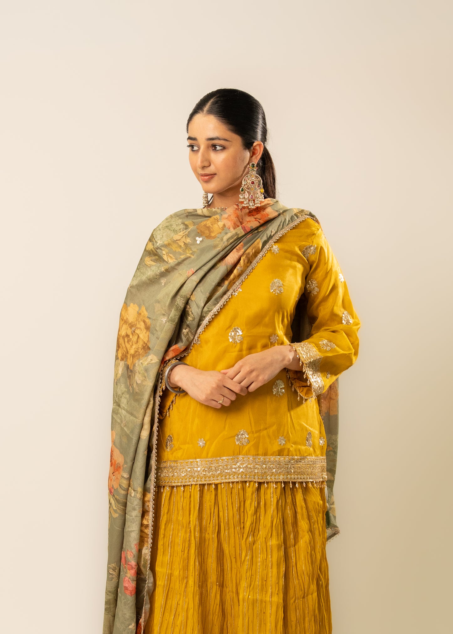Mustard Floral Regal Lehnga Style Suit