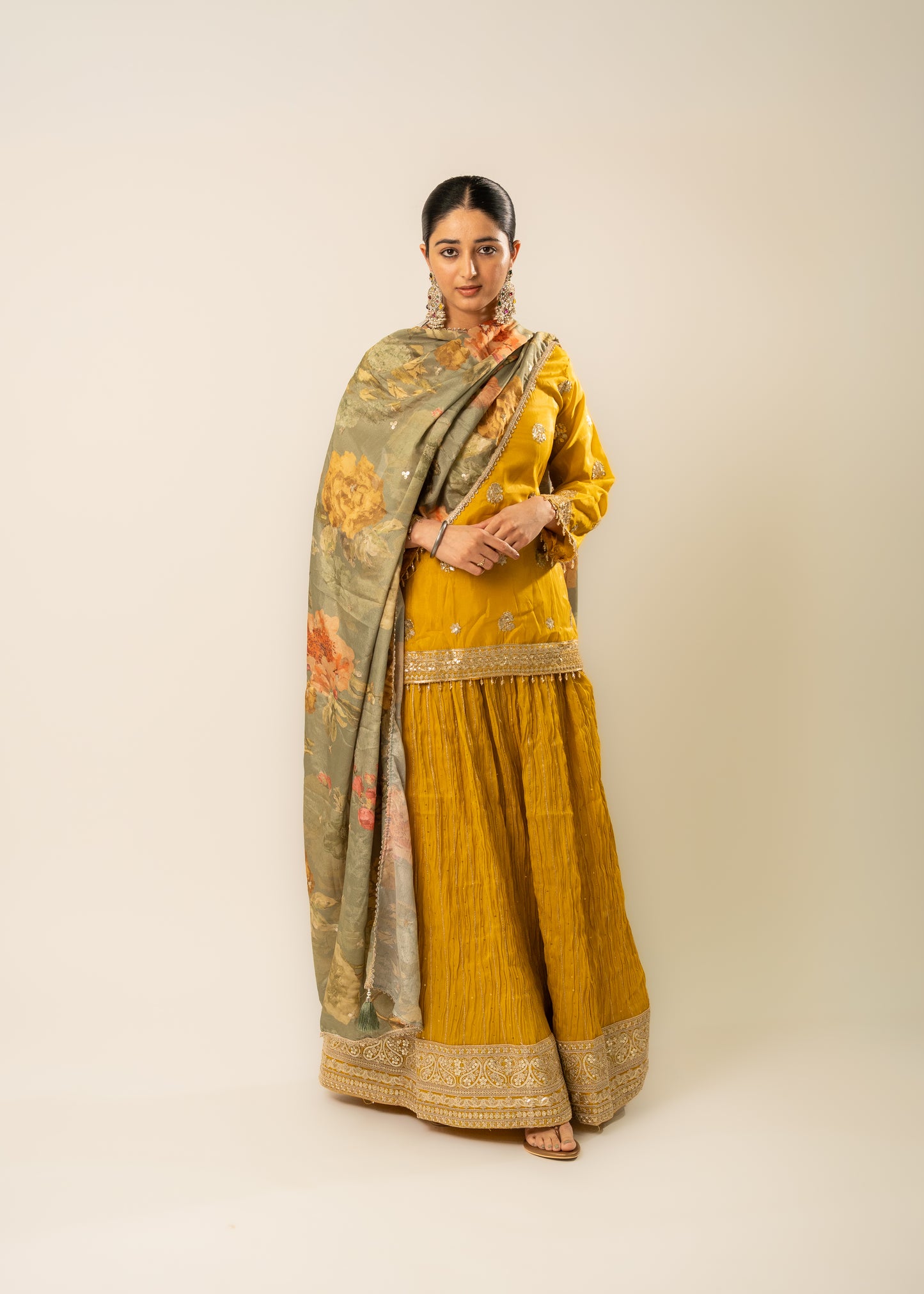 Mustard Floral Regal Lehnga Style Suit