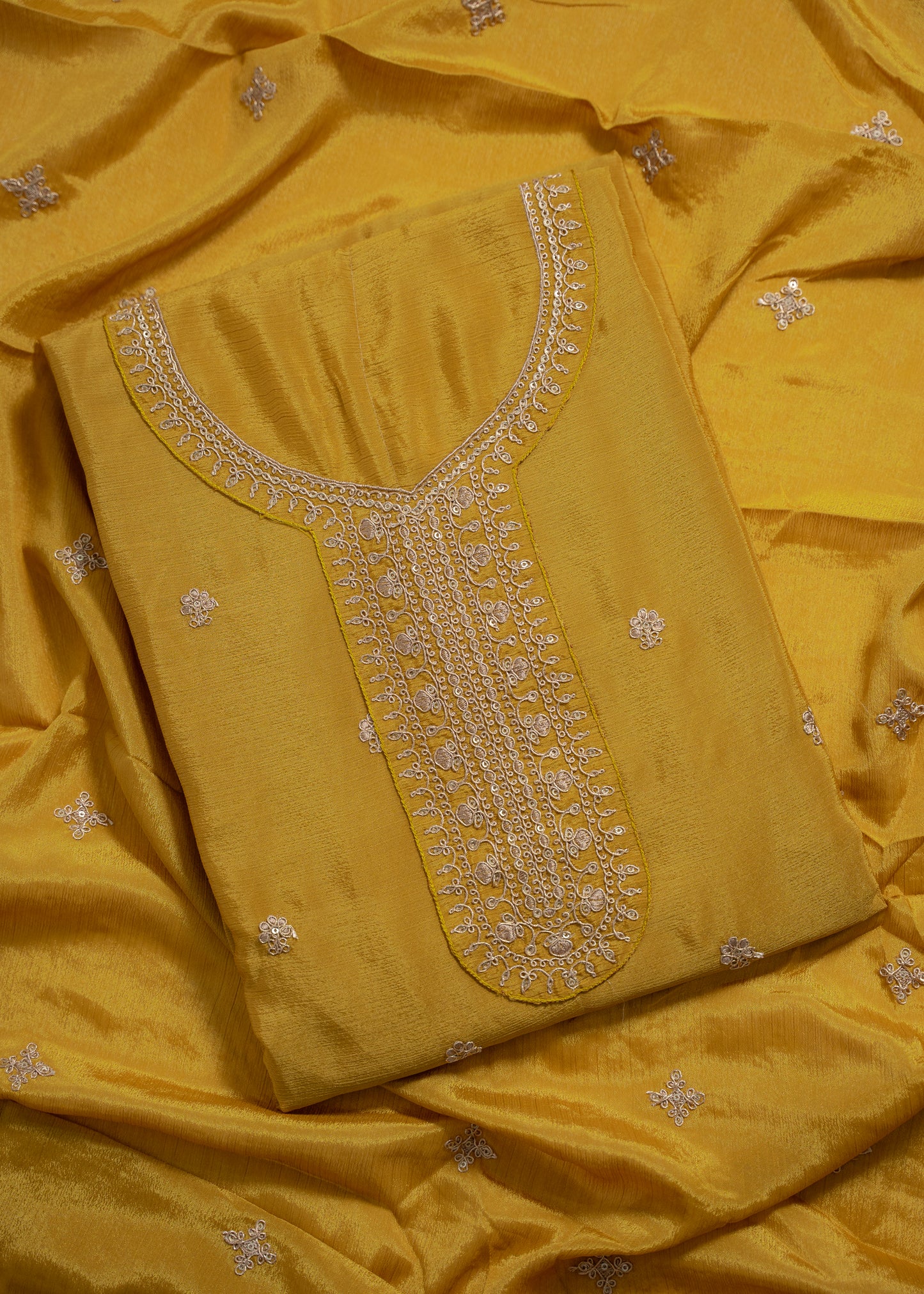 Mustard Yellow Heavy Embroidered Chinon Sharara Suit Set