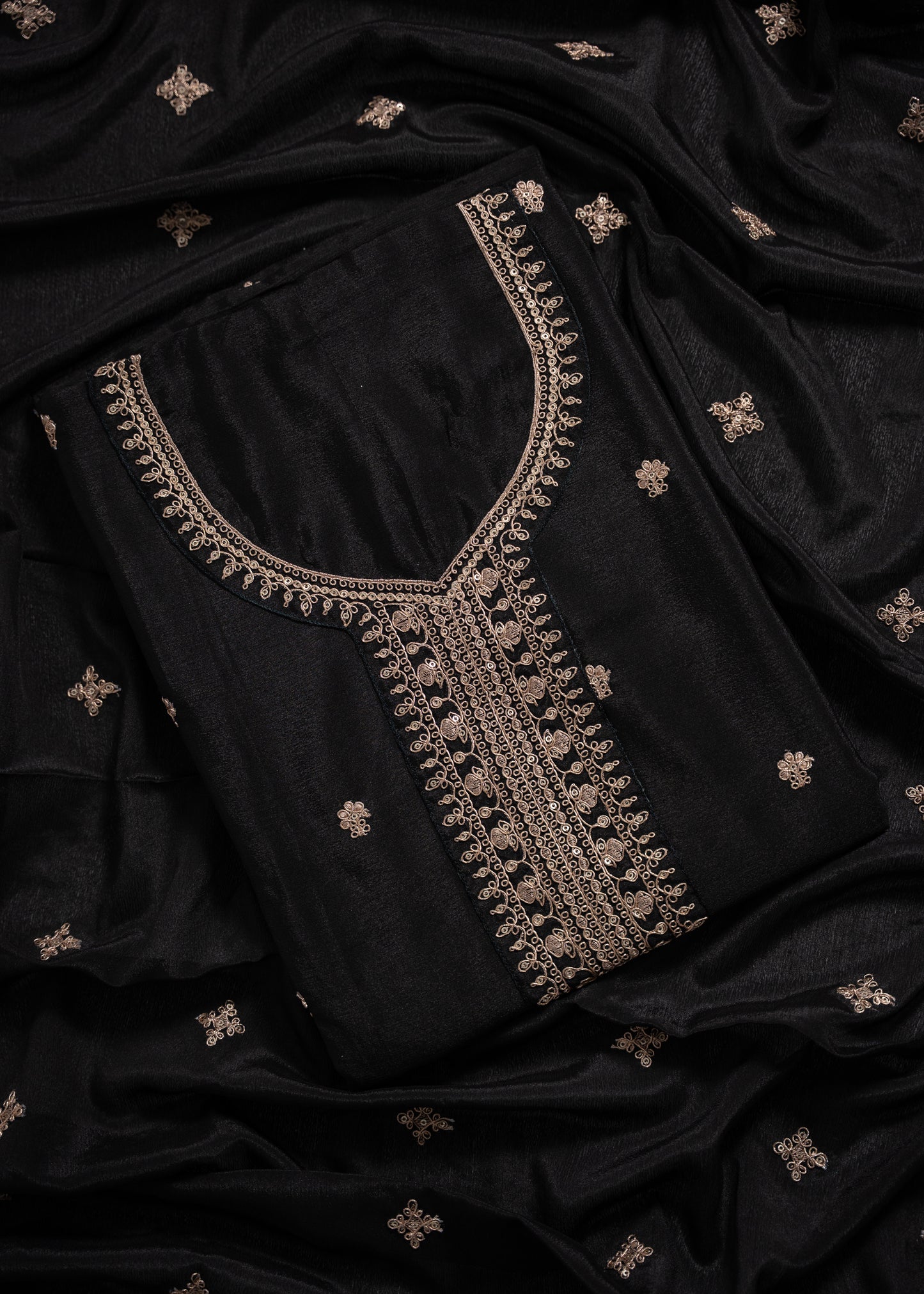 Royal Black Heavy Embroidered Chinon Sharara Suit Set