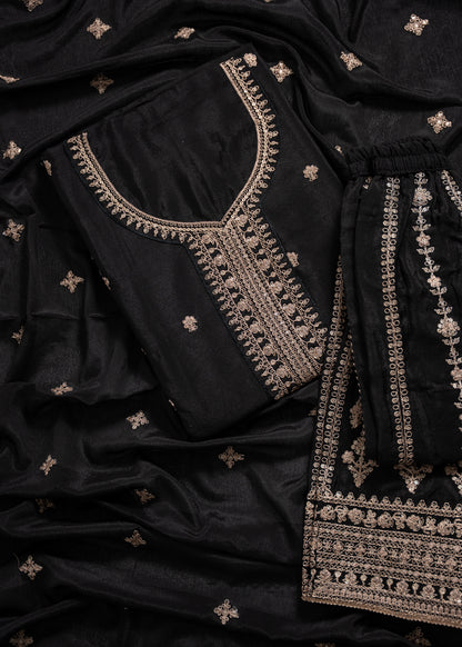 Royal Black Heavy Embroidered Chinon Sharara Suit Set