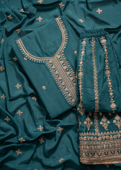 Teal Green Heavy Embroidered Chinon Sharara Unstitch Suit Set