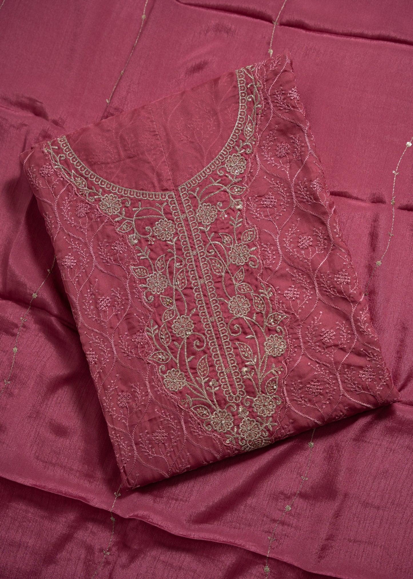Pink Schiffli Embroidered Organza Unstitched Suit Set