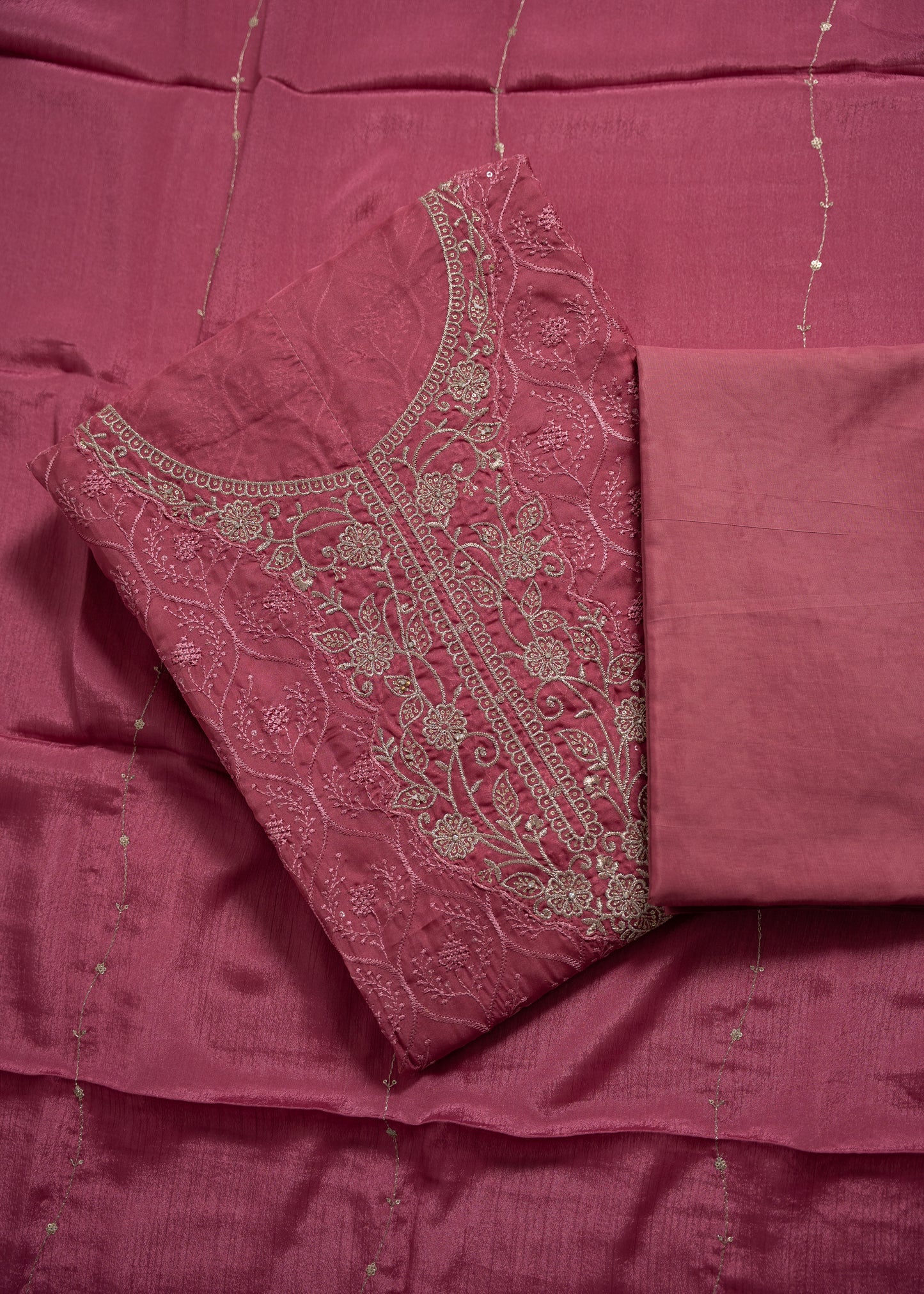 Pink Schiffli Embroidered Organza Unstitched Suit Set