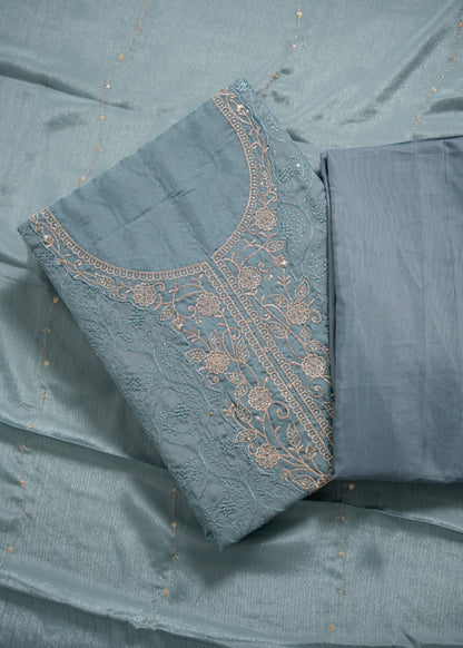 Teal Blue Schiffli Embroidered Organza Unstitched Suit Set