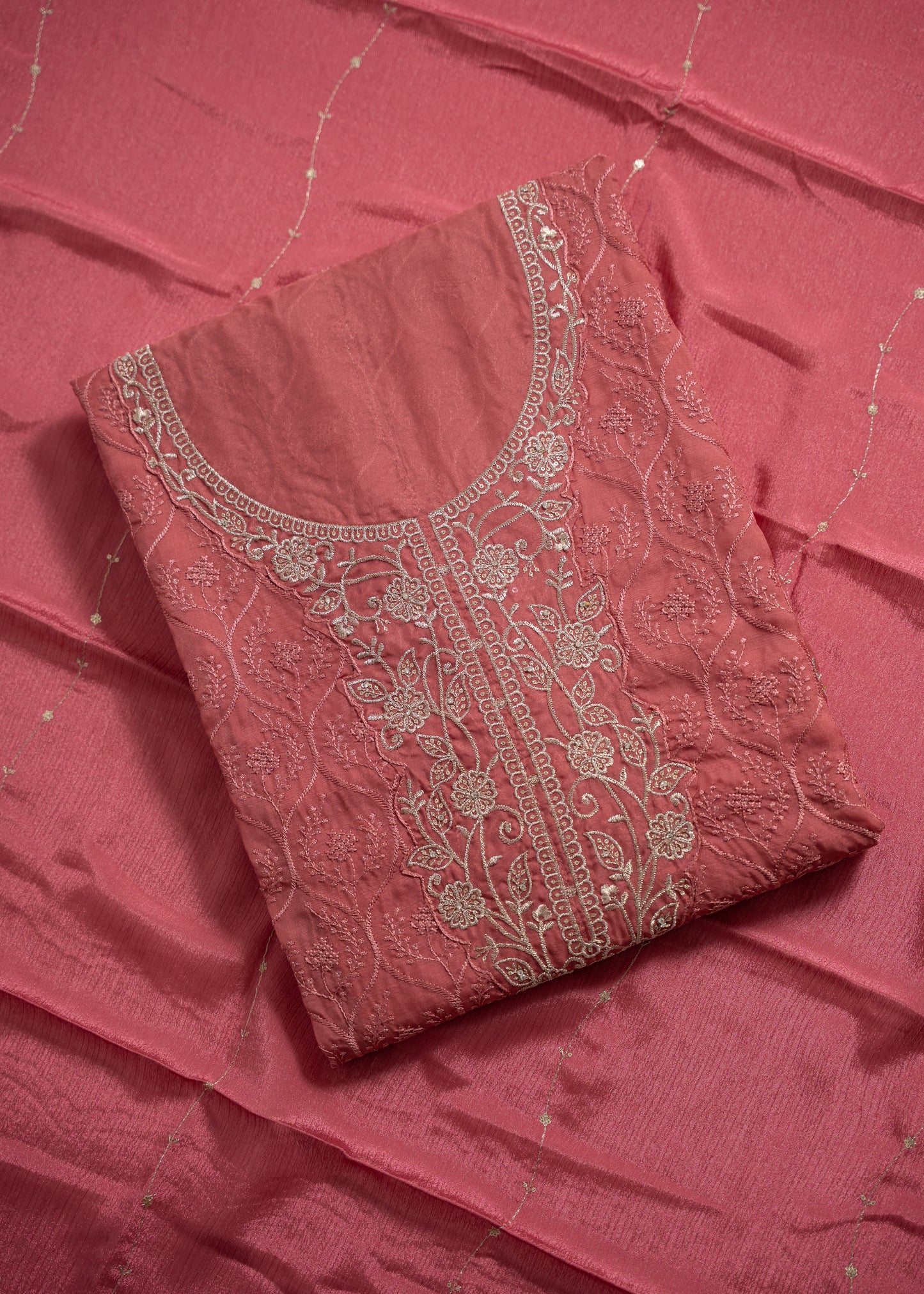 Dusty Rose Schiffli Embroidered Organza Unstitched Suit Set