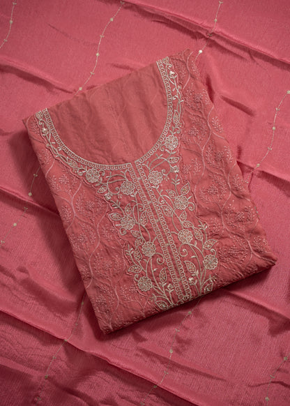 Dusty Rose Schiffli Embroidered Organza Unstitched Suit Set