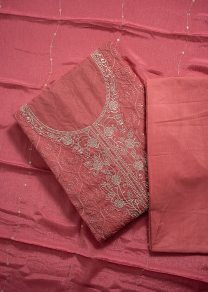 Dusty Rose Schiffli Embroidered Organza Unstitched Suit Set