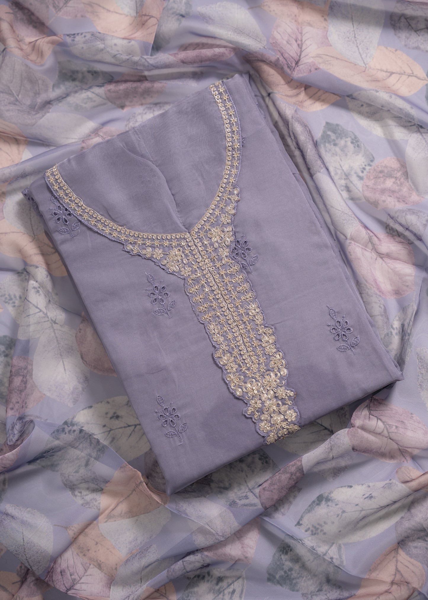 Lavender Grey Embroidered Organza Schiffli Unstitched Suit Set