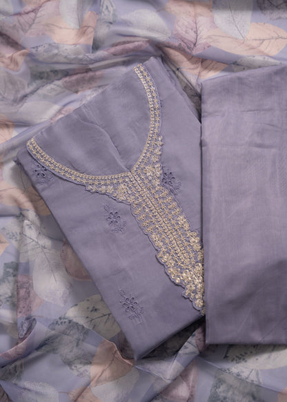Lavender Grey Embroidered Organza Schiffli Unstitched Suit Set