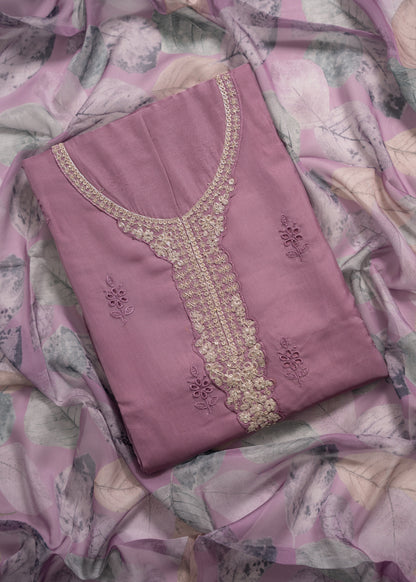 Mauve Embroidered Organza Schiffli Unstitched Suit Set