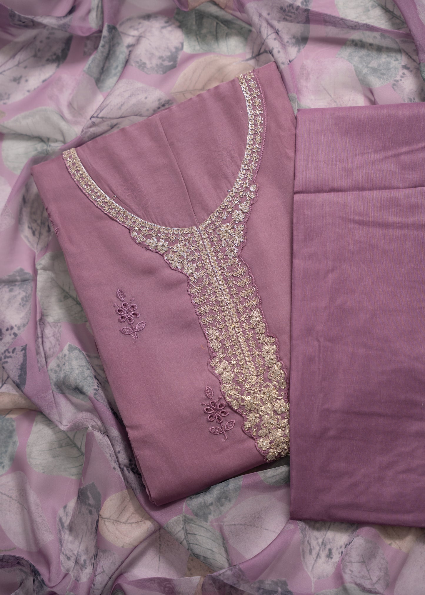 Mauve Embroidered Organza Schiffli Unstitched Suit Set
