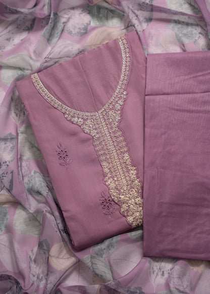 Mauve Embroidered Organza Schiffli Unstitched Suit Set