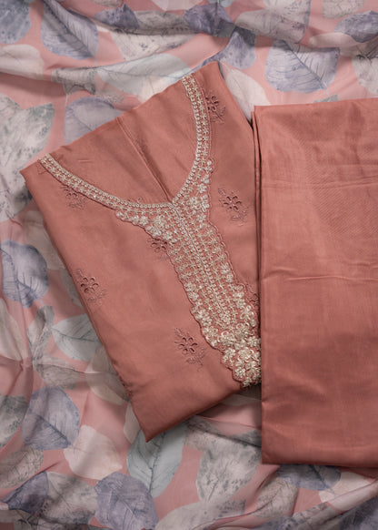 Dusty Rust Embroidered Organza Schiffli Unstitched Suit Set