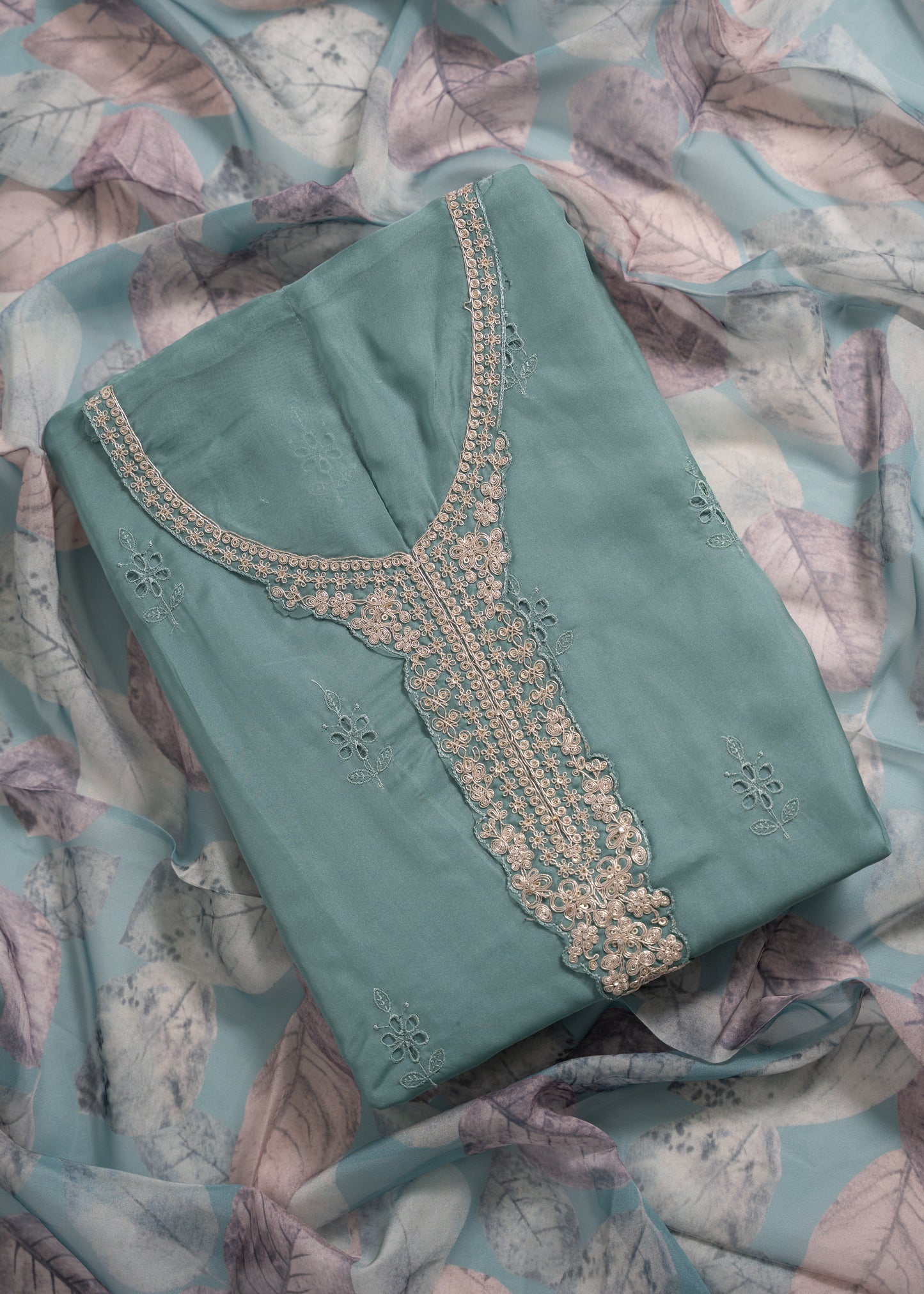 Sea Green Embroidered Organza Schiffli Unstitched Suit Set