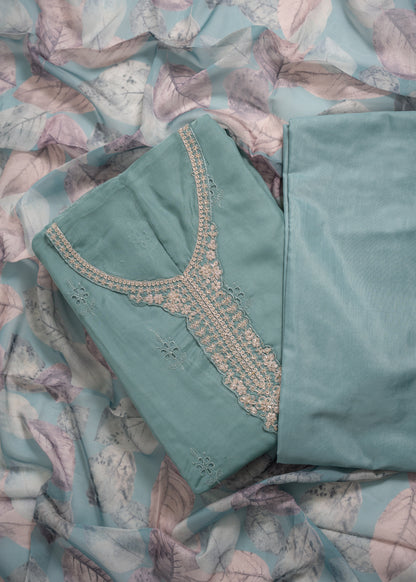 Sea Green Embroidered Organza Schiffli Unstitched Suit Set