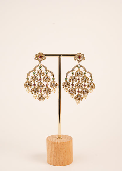 Statement Chandlier Earrings/ CZ Earrings/ Indian Earrings/ Bridal Jewelry/ Pearl Drop Earrings/ Long Statement Earrings