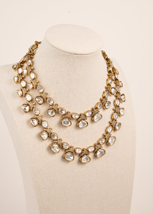 Tyani Inspired uncut Kundan Necklace Set/ Double layer Necklace Set/ Indian Wedding Jewelry/ Layered Wedding Set/ Statement Jewelry