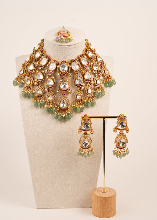 Kundan Bridal Necklace Set, Indian Jewelry, Mint Green Gemstones
