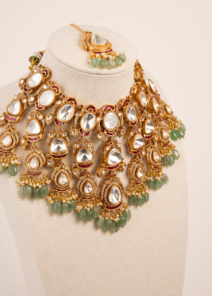 Kundan Bridal Necklace Set, Indian Jewelry, Mint Green Gemstones