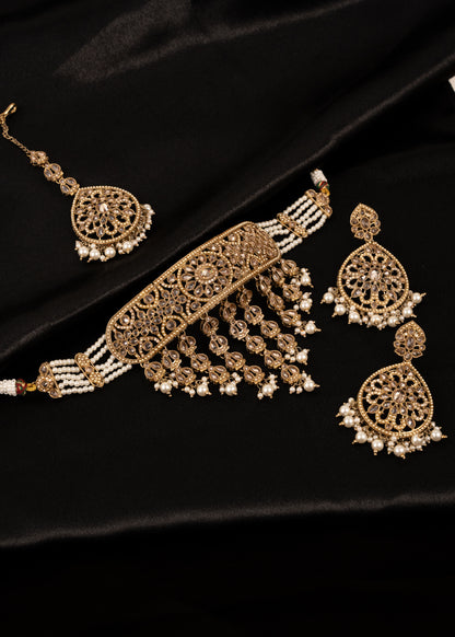 Antique Polki Choker Necklace Set/ Waterfall Design/ Indian Jewellery