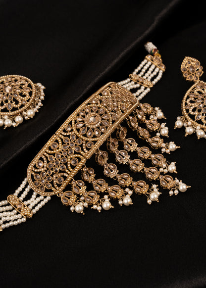 Antique Polki Choker Necklace Set/ Waterfall Design/ Indian Jewellery