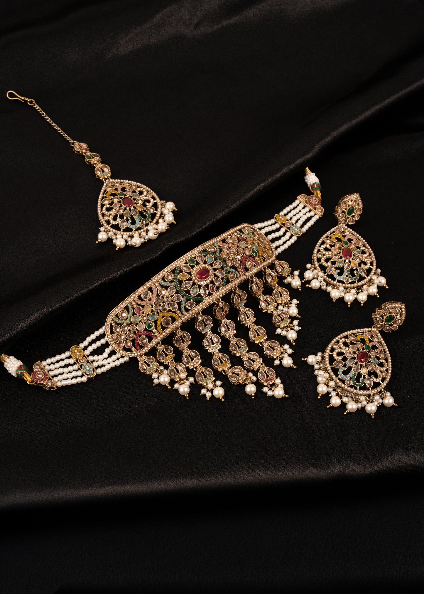 Antique Polki Choker Necklace Set/ Waterfall Design/ Indian Jewellery