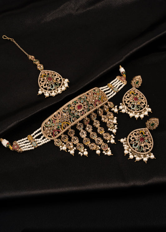Antique Polki Choker Necklace Set/ Waterfall Design/ Indian Jewellery