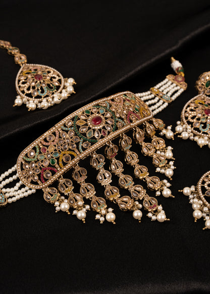 Antique Polki Choker Necklace Set/ Waterfall Design/ Indian Jewellery