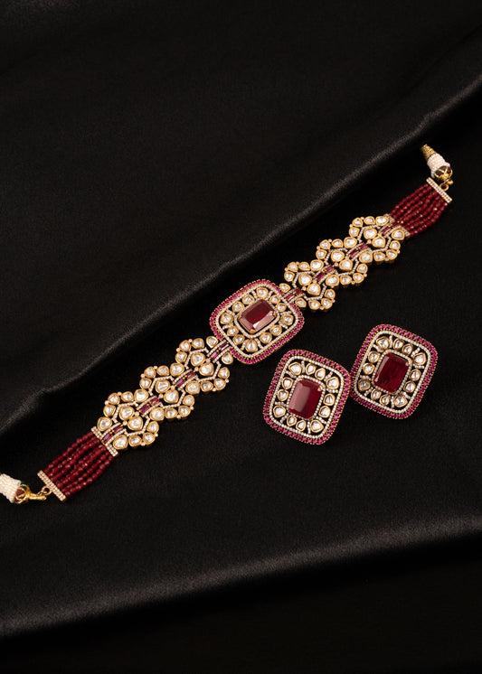 Uncut Kundan Detailed Choker Necklace set/ Ruby Gemstone