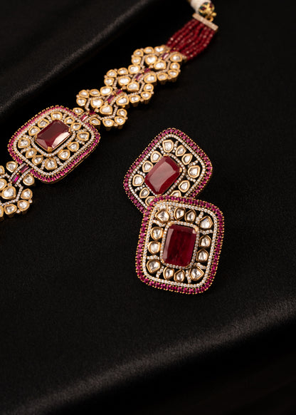 Uncut Kundan Detailed Choker Necklace set/ Ruby Gemstone